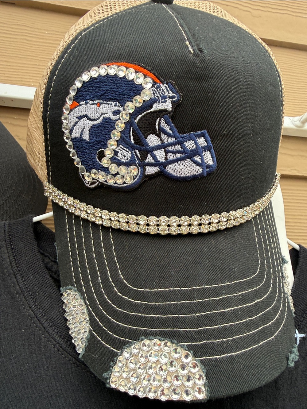 Rhinestone Embellished Football Helmet Trucker Hat - Black & Tan